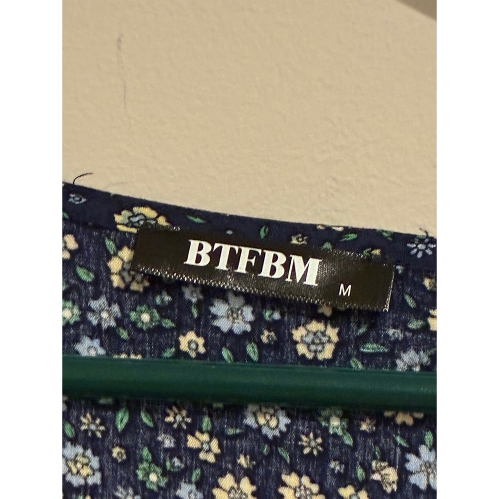 BTFBM Navy Blue Floral Paisley Boho V-Neck Babydoll Mini Dress Medium 7089 - Picture 3 of 7